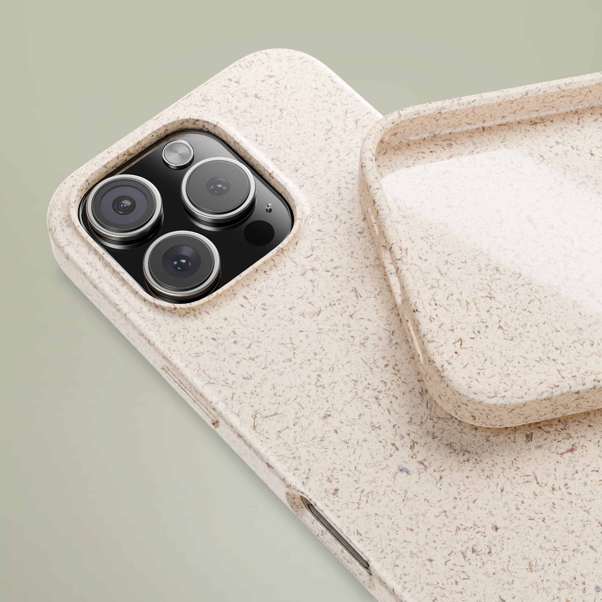 Minimalist biodegradable case in sand tone with soft-touch surface