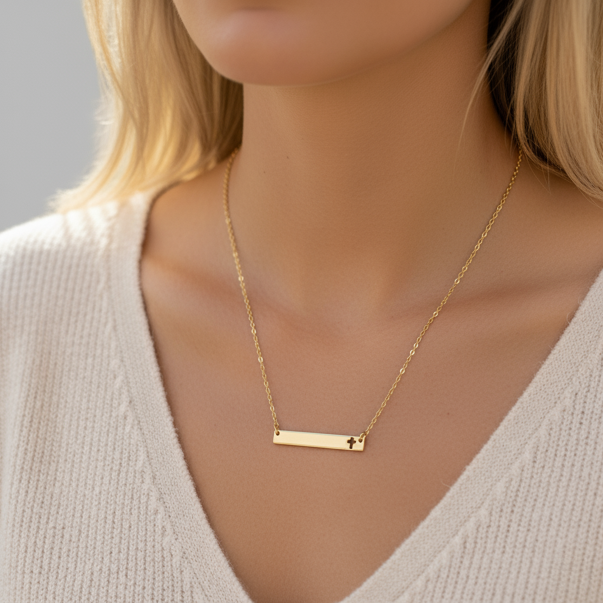 Cutout Cross Bar Necklace (Engraving) - Main Image