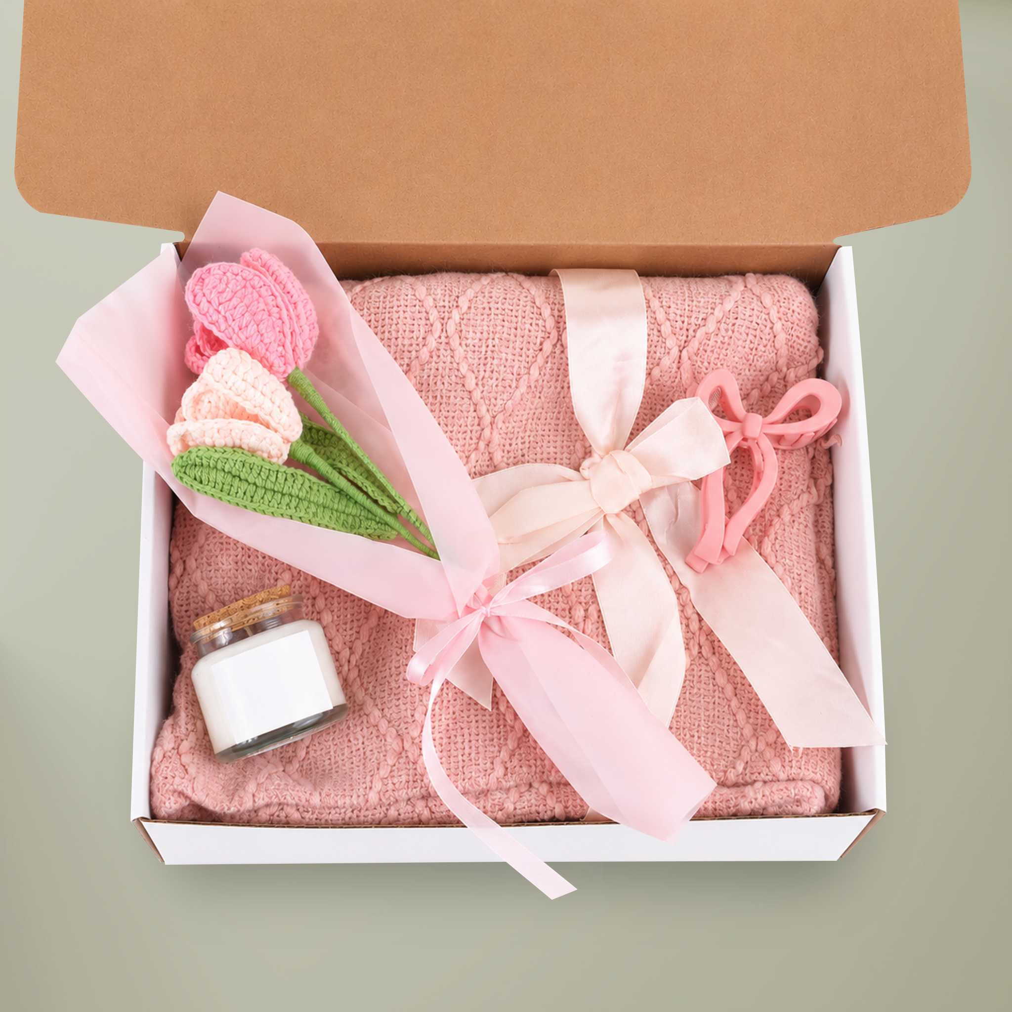 4-Piece Blush & Bloom Gift Set (Candle, Blanket, Crochet Bouquet, Bow Clip) - Main Image