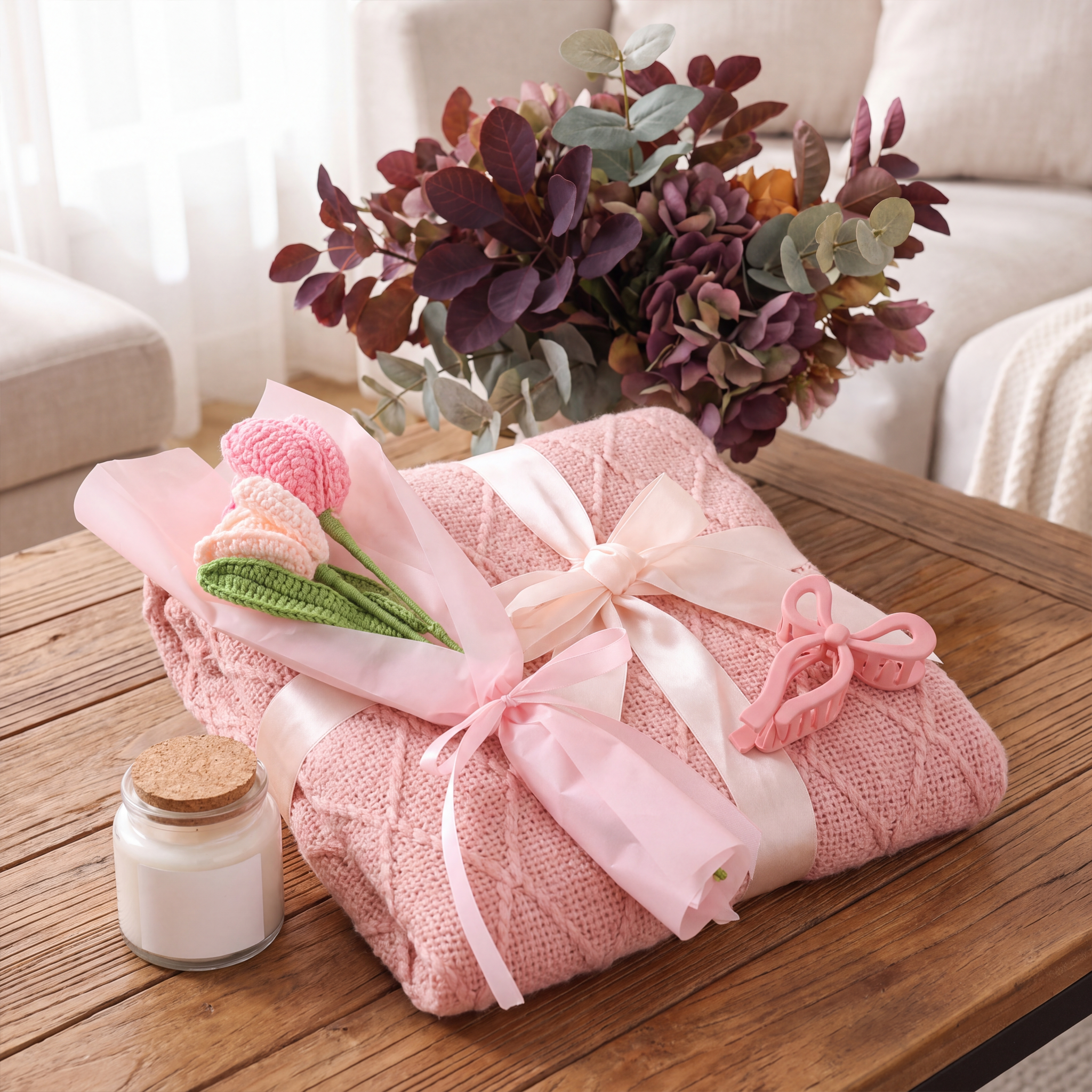 4-Piece Blush & Bloom Gift Set (Candle, Blanket, Crochet Bouquet, Bow Clip) - Thumbnail Image