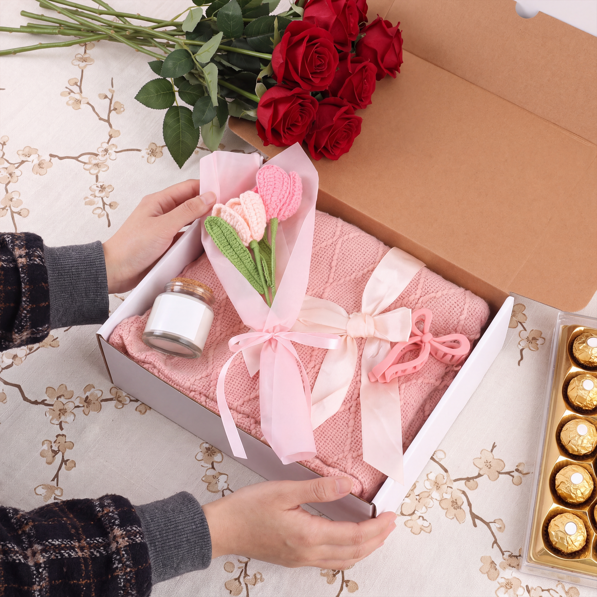4-Piece Blush & Bloom Gift Set (Candle, Blanket, Crochet Bouquet, Bow Clip) - Thumbnail Image