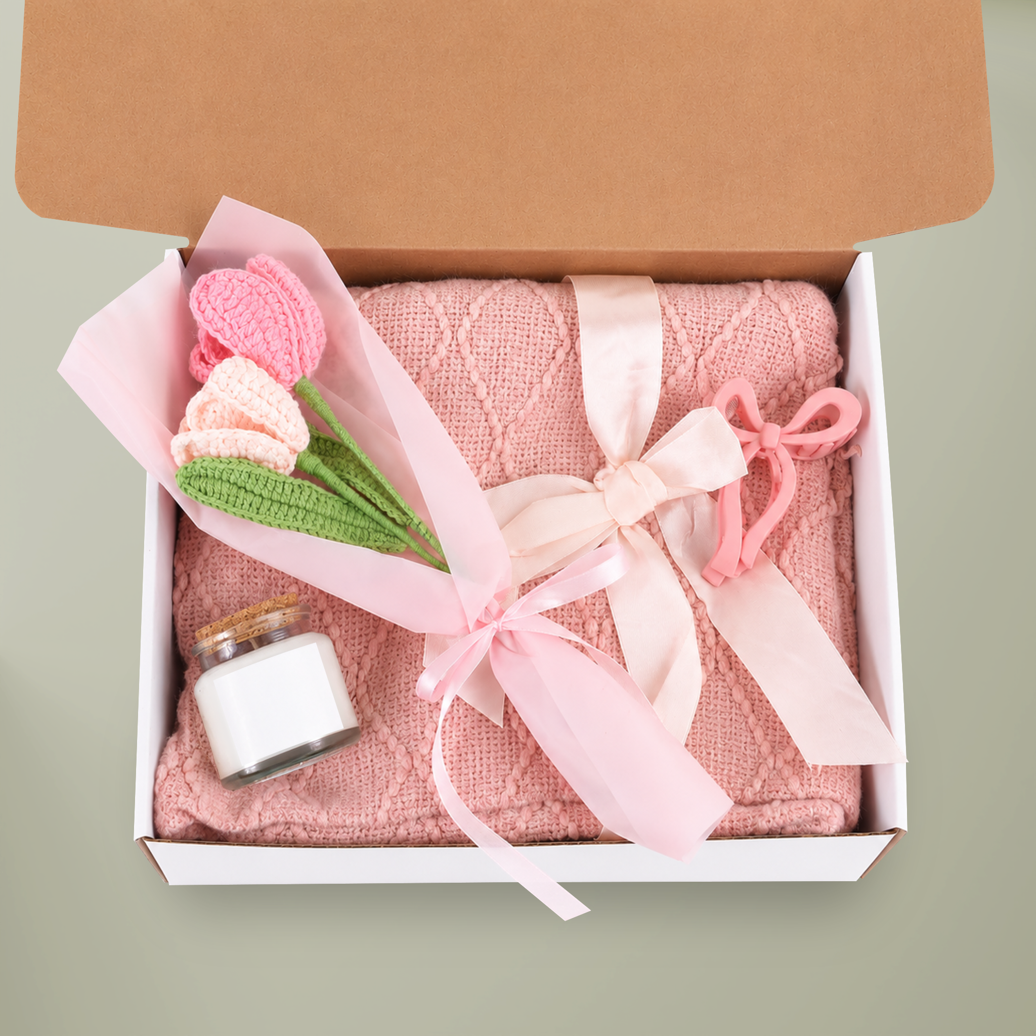 4-Piece Blush & Bloom Gift Set (Candle, Blanket, Crochet Bouquet, Bow Clip) - Main Image
