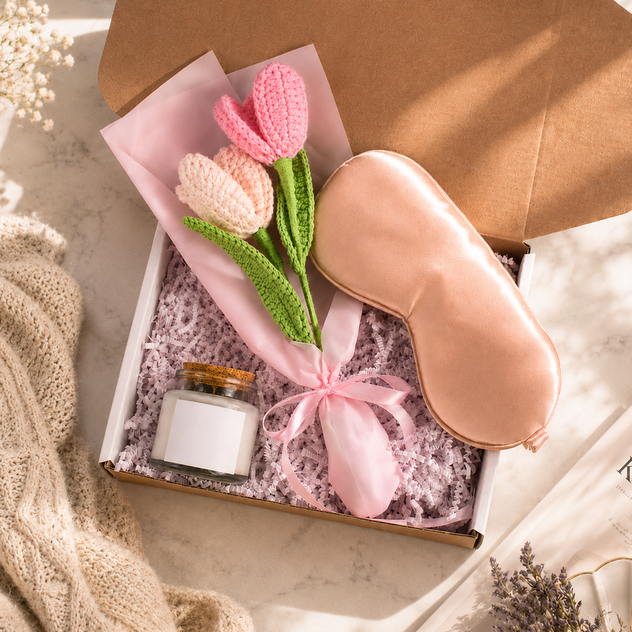 Blush Calm Gift Set (Candle, Crochet Bouquet, Sleep Mask) - Thumbnail Image
