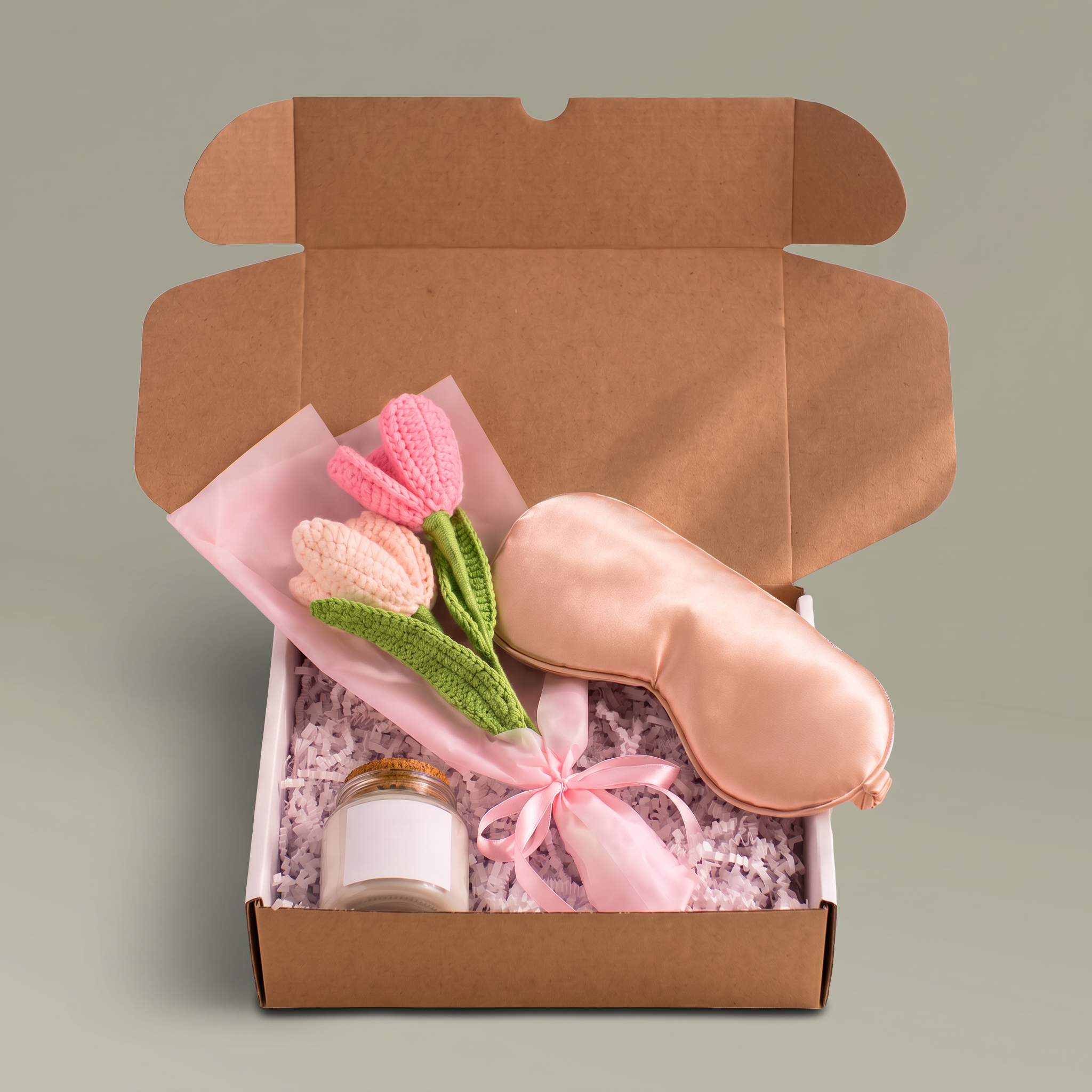 Blush Calm Gift Set (Candle, Crochet Bouquet, Sleep Mask) - Main Image